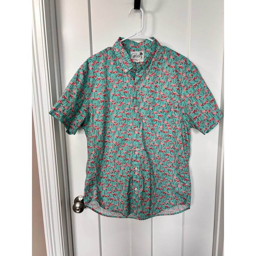Bonobos Standard Fit Flamingo Print Hawaiian Button-Down Shirt Pink Blue Large